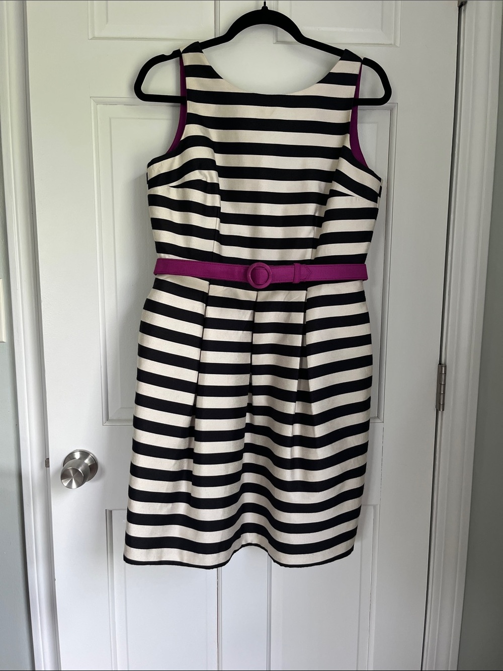 White House Black Market Black & White Striped Dress with Magenta Belt